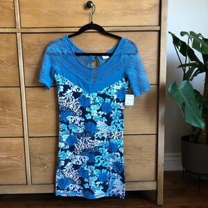 NWT Free People Intimately Blue Floral Paisley Lace Stretch Bodycon Dress, XS